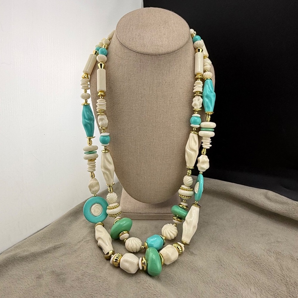 Vintage Beaded Layered Necklace Blue Green Gold Tone Chunky 30in